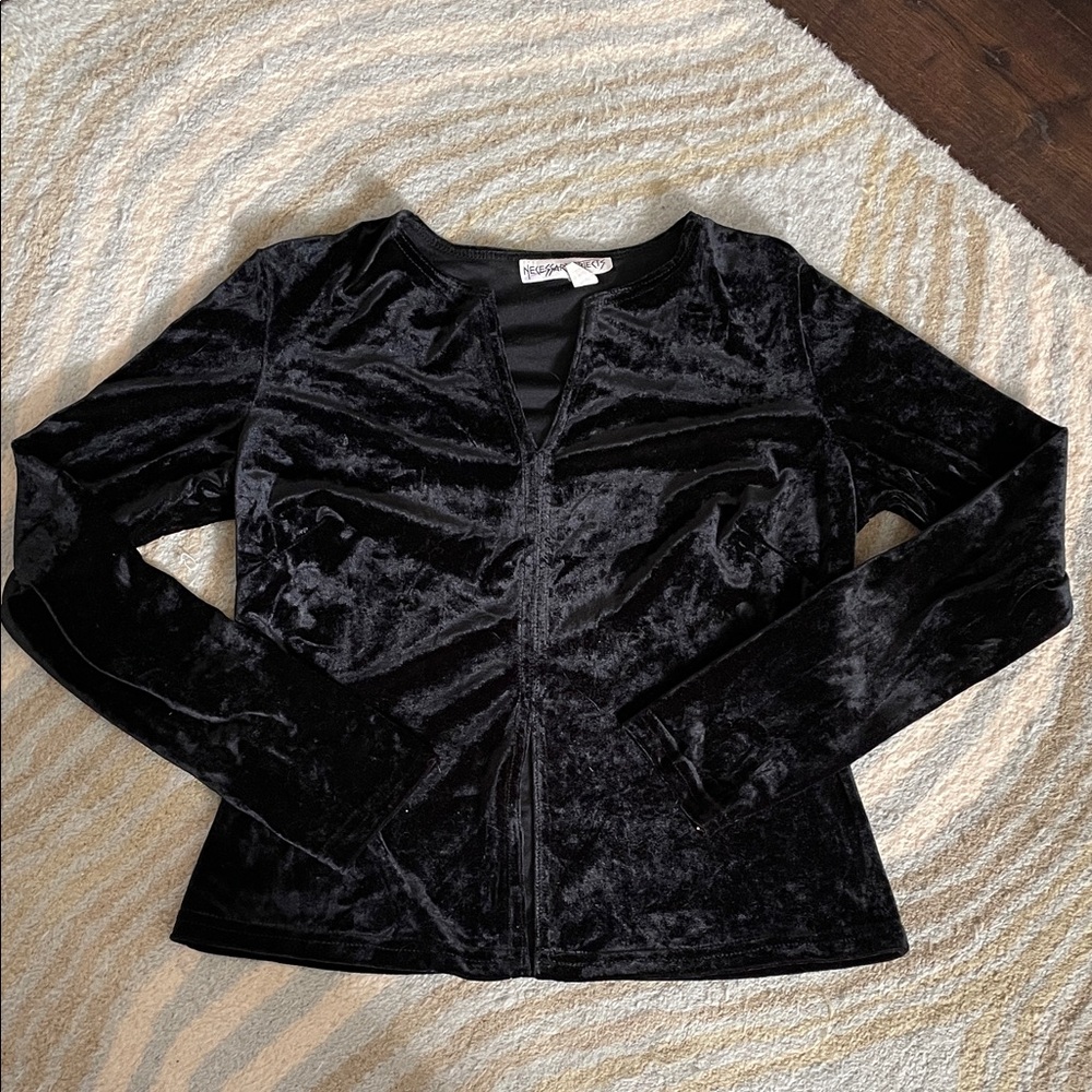 Vintage 90s Crushed Velvet Necessary Objects Black Split Top Long Sleeve Top M